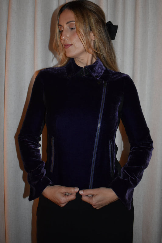Vintage Armani Exchange Purple Silk Velvet Moto Jacket