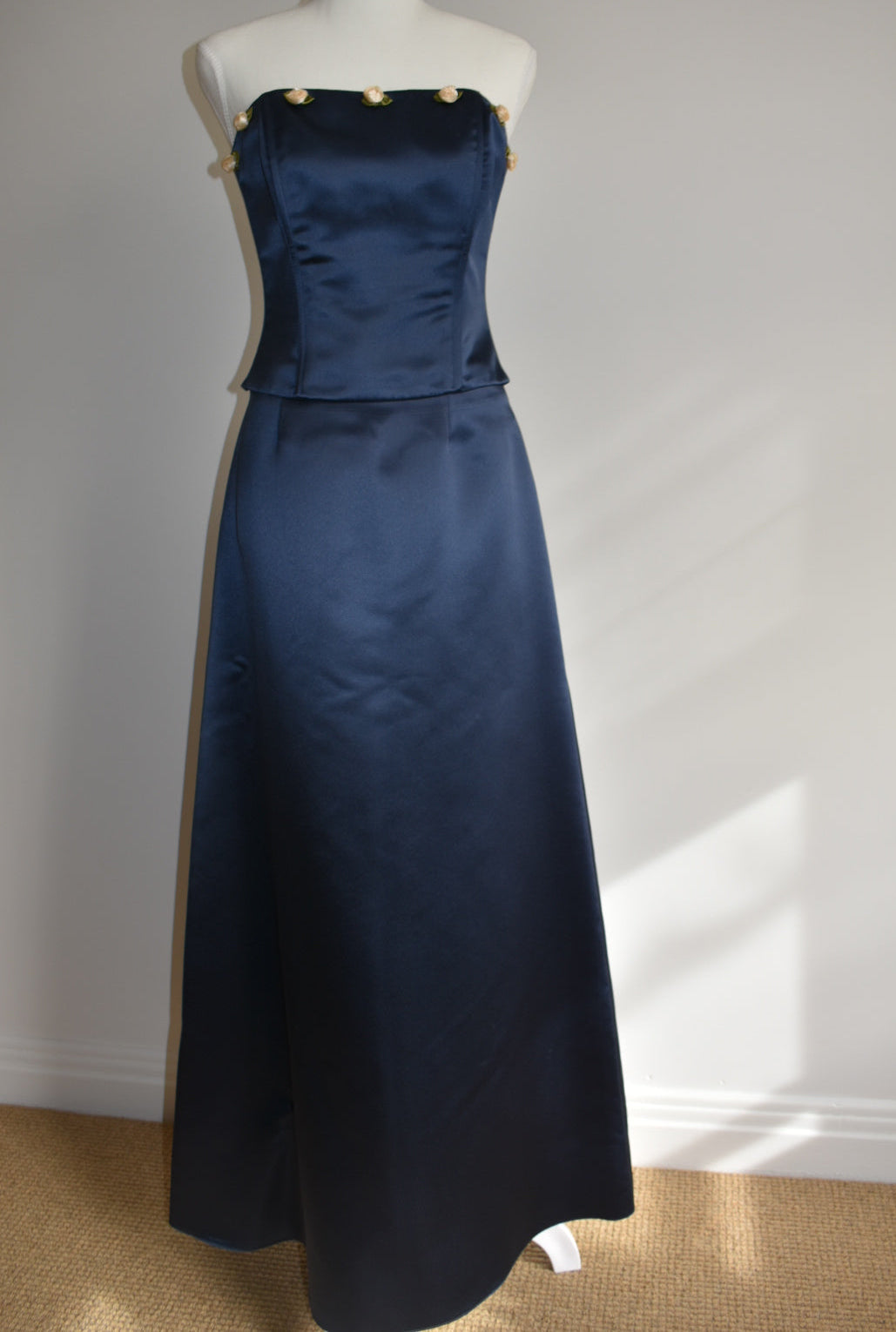 Vintage 1990s Midnight Blue Satin Ribbon Rose Bustier and Skirt Set