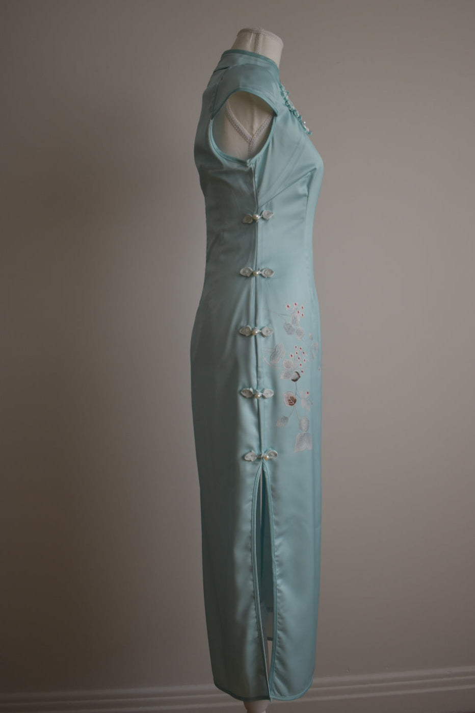 Vintage 2000s Ice Blue Satin Mandarin Collar Dress