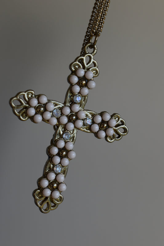 Vintage Gold-Tone Floral Cross Pendant Necklace