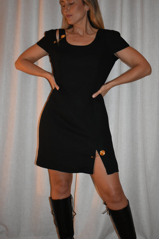 Vintage 1980s Gold Pin Black Dress