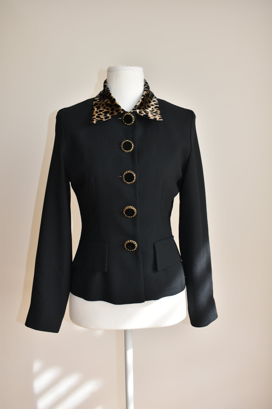 Vintage 1990s Black Tailored Jacket with Leopard Collar