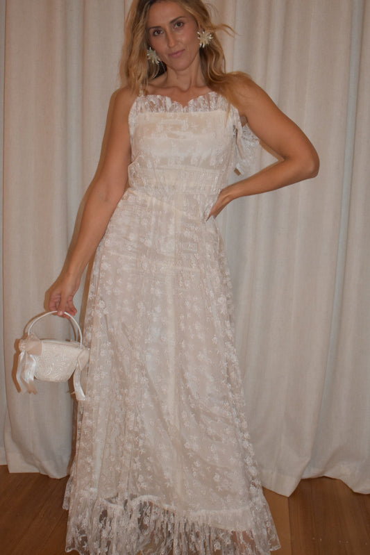 Vintage 1970s Ivory Floral Lace Occasion Dress