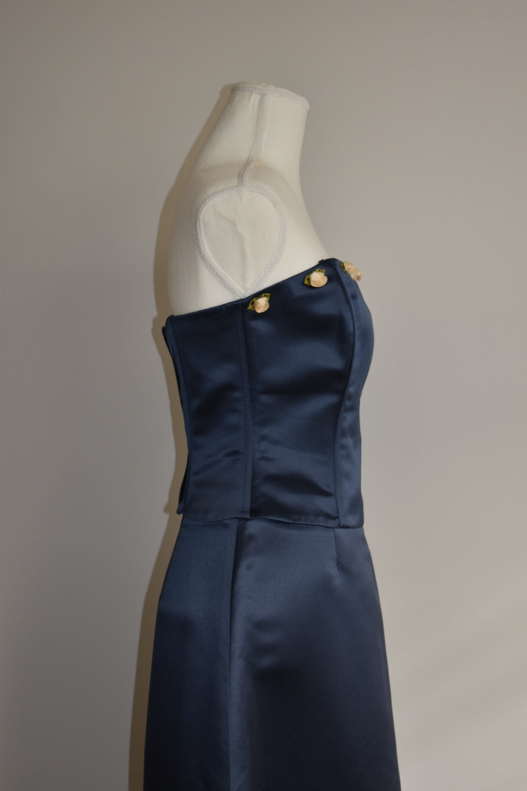 Vintage 1990s Midnight Blue Satin Ribbon Rose Bustier and Skirt Set