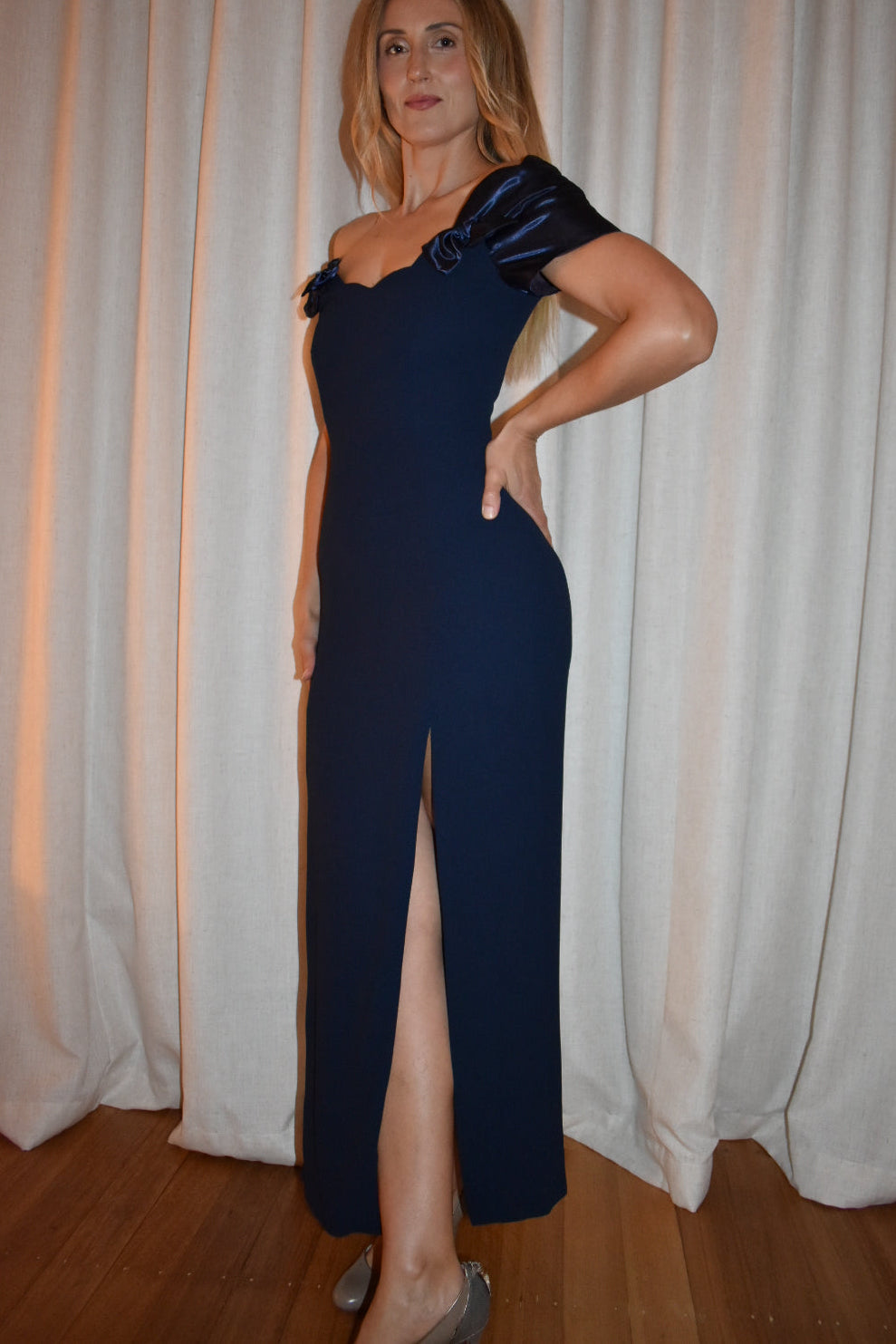 Vintage 1990s Navy Off-Shoulder Bow Gown