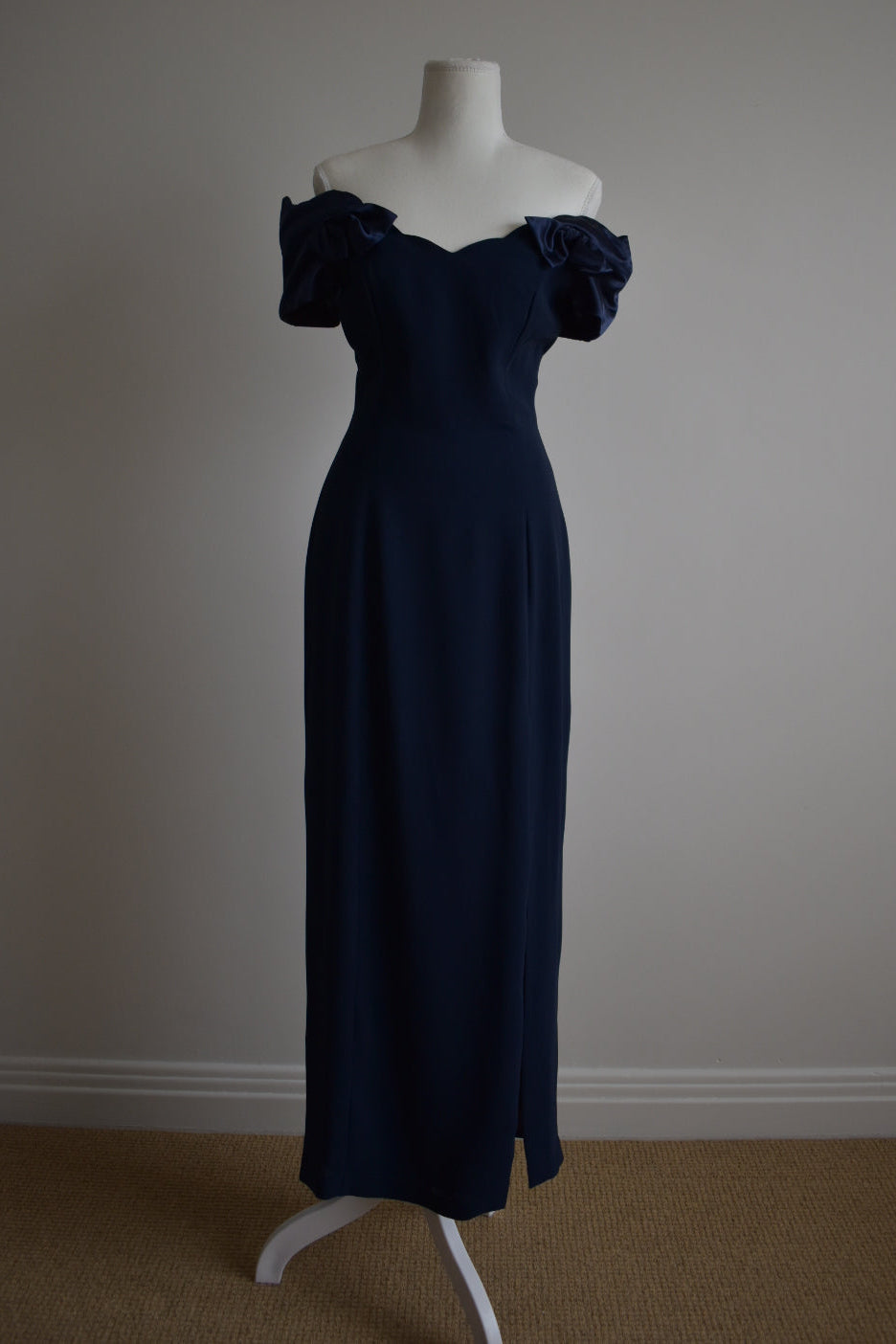 Vintage 1990s Navy Off-Shoulder Bow Gown