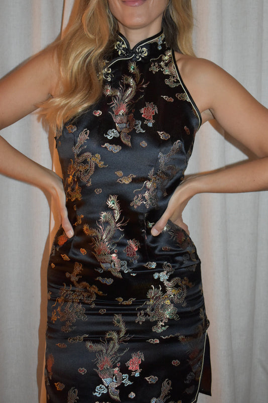 Vintage 1990s Black Brocade Cheongsam Mini Dress
