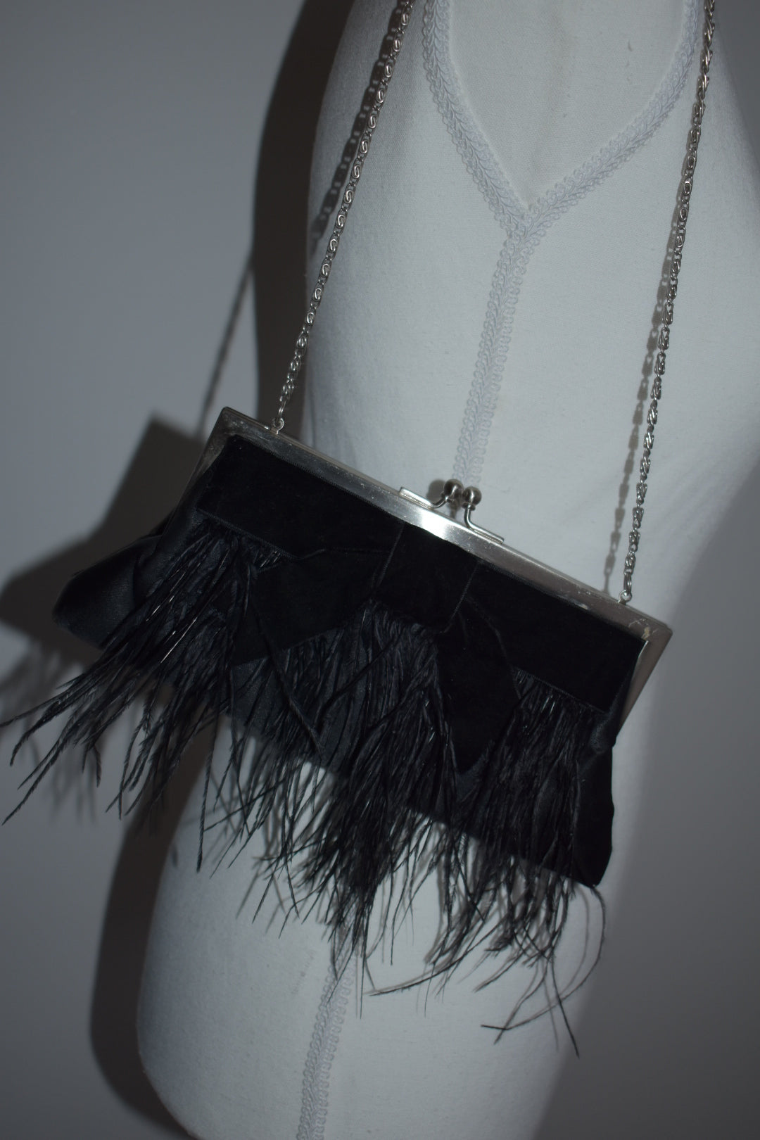 Vintage 2000s Black Velvet Bow Ostrich Feather Evening Bag
