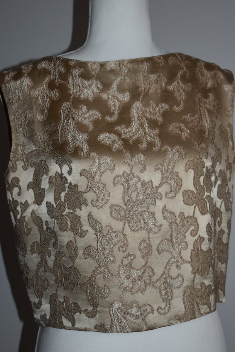 Vintage 1960s Champagne Silk Jacquard Sleeveless Top