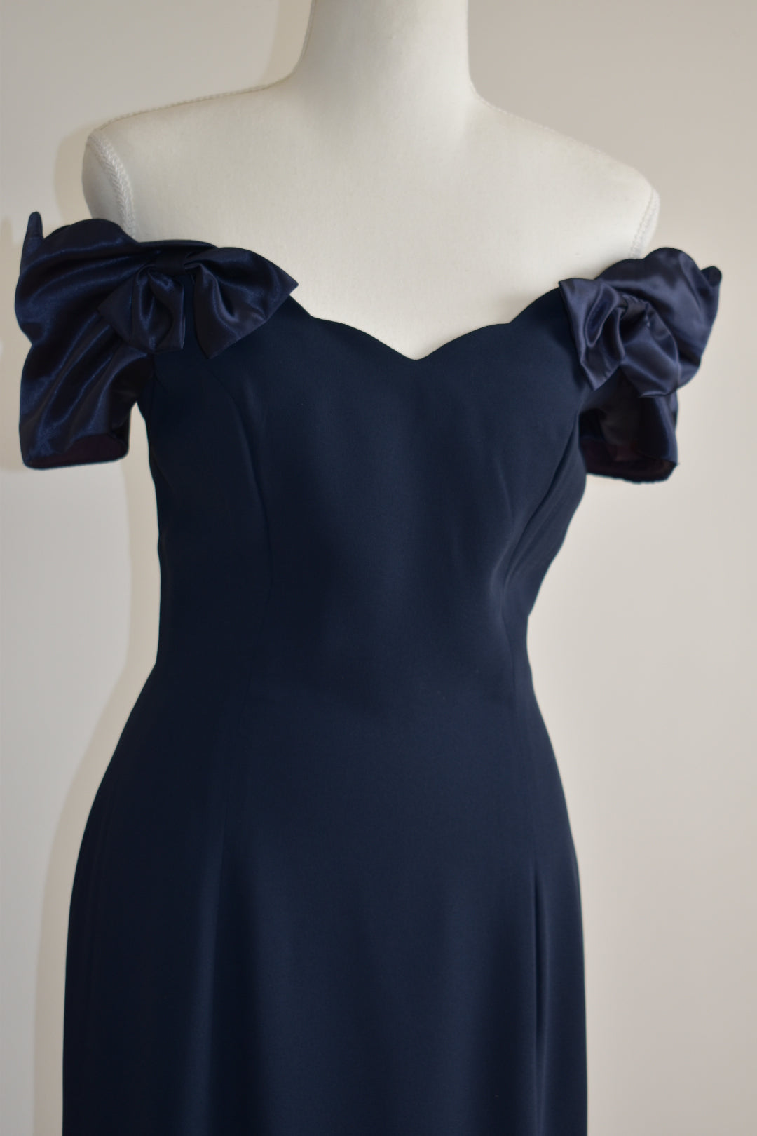 Vintage 1990s Navy Off-Shoulder Bow Gown