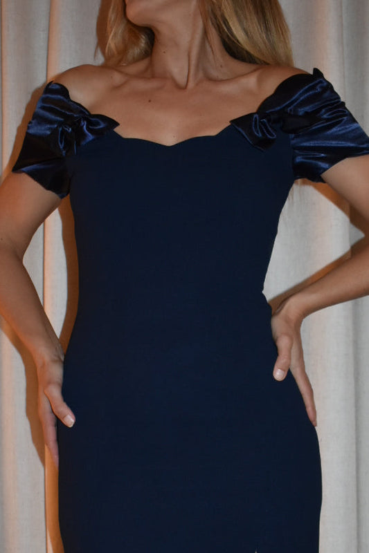Vintage 1990s Navy Off-Shoulder Bow Gown