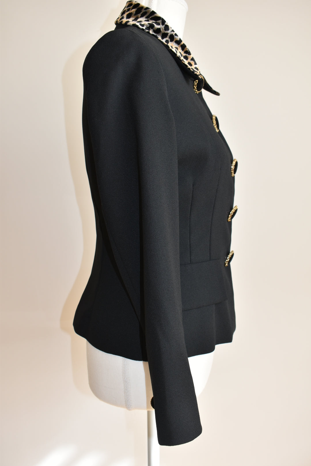 Vintage 1990s Black Tailored Jacket with Leopard Collar