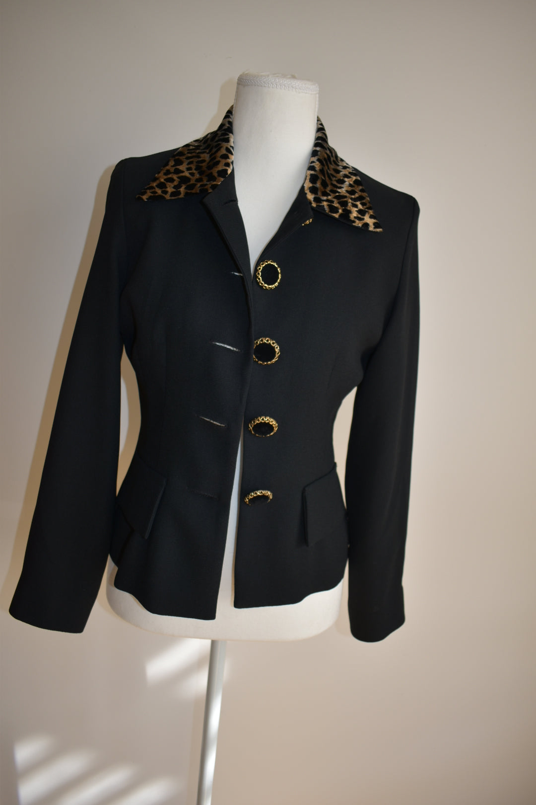 Vintage 1990s Black Tailored Jacket with Leopard Collar