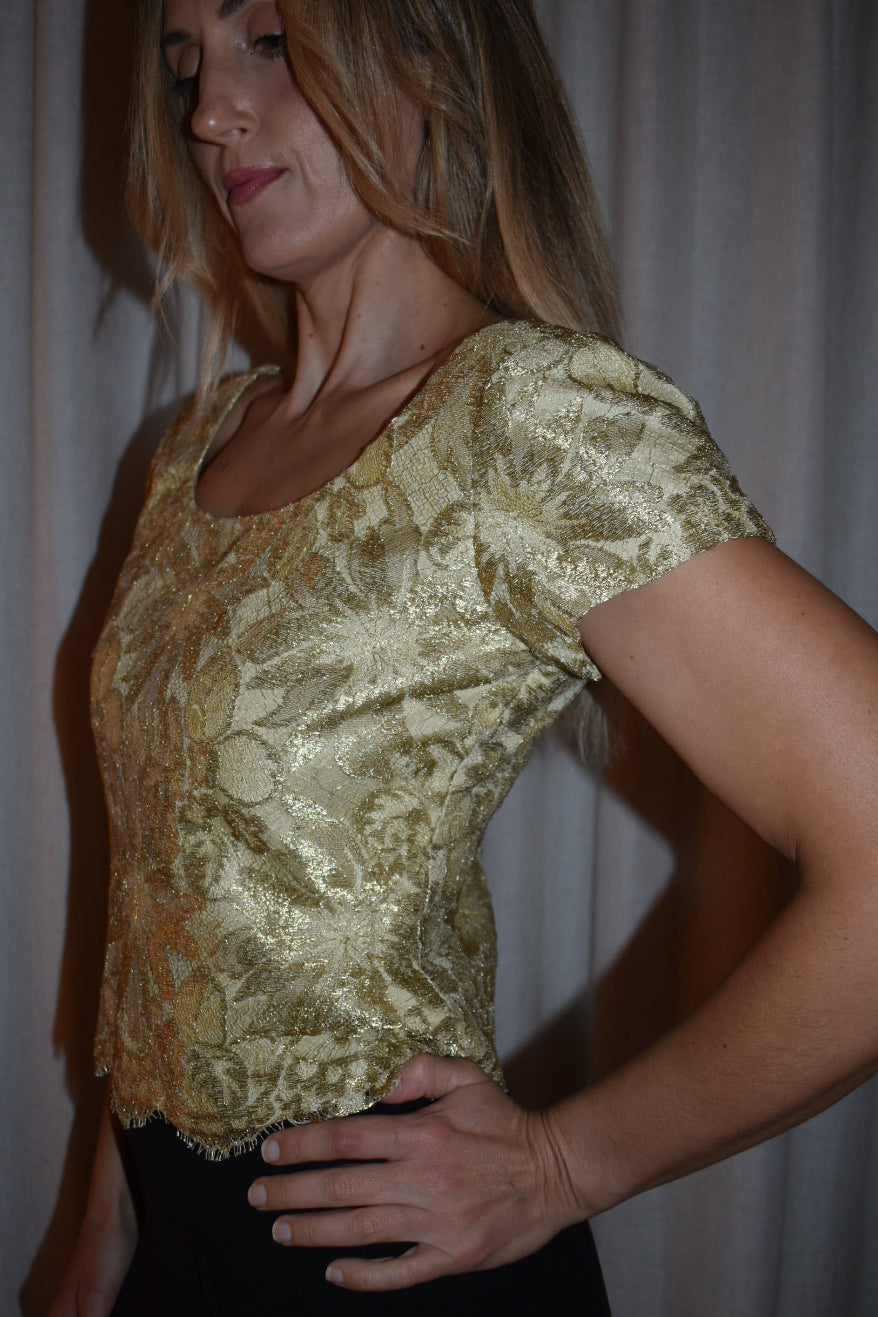 Vintage 1990s Gold Lace Button-Back Top