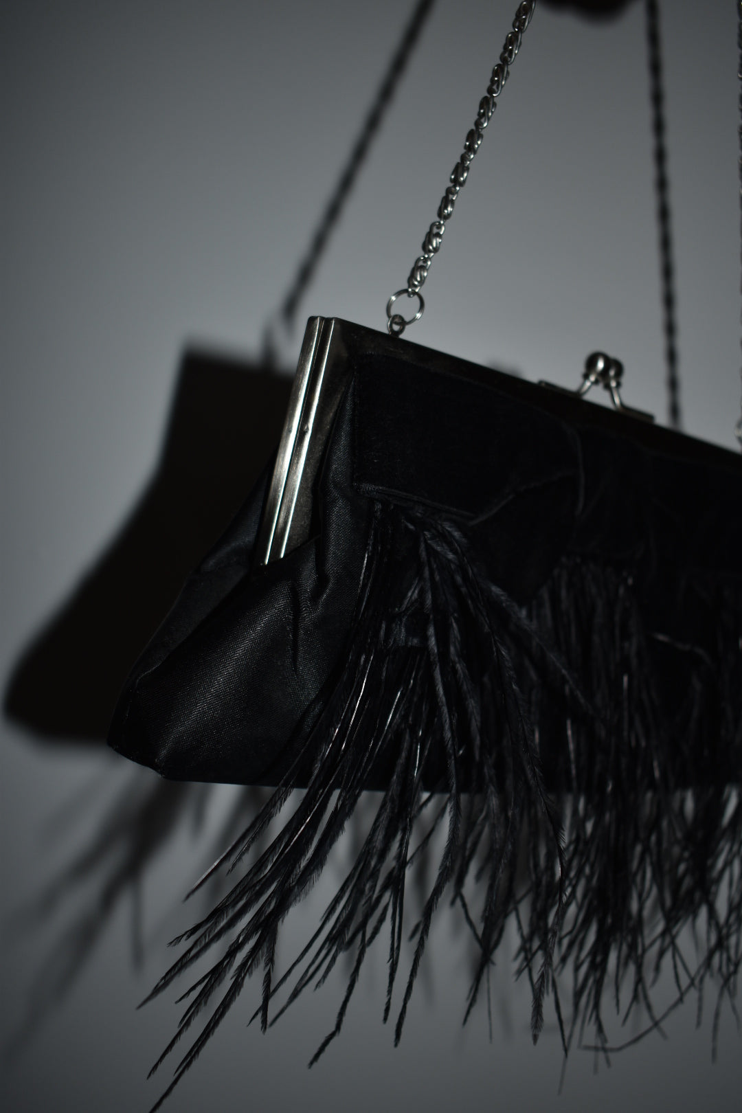 Vintage 2000s Black Velvet Bow Ostrich Feather Evening Bag