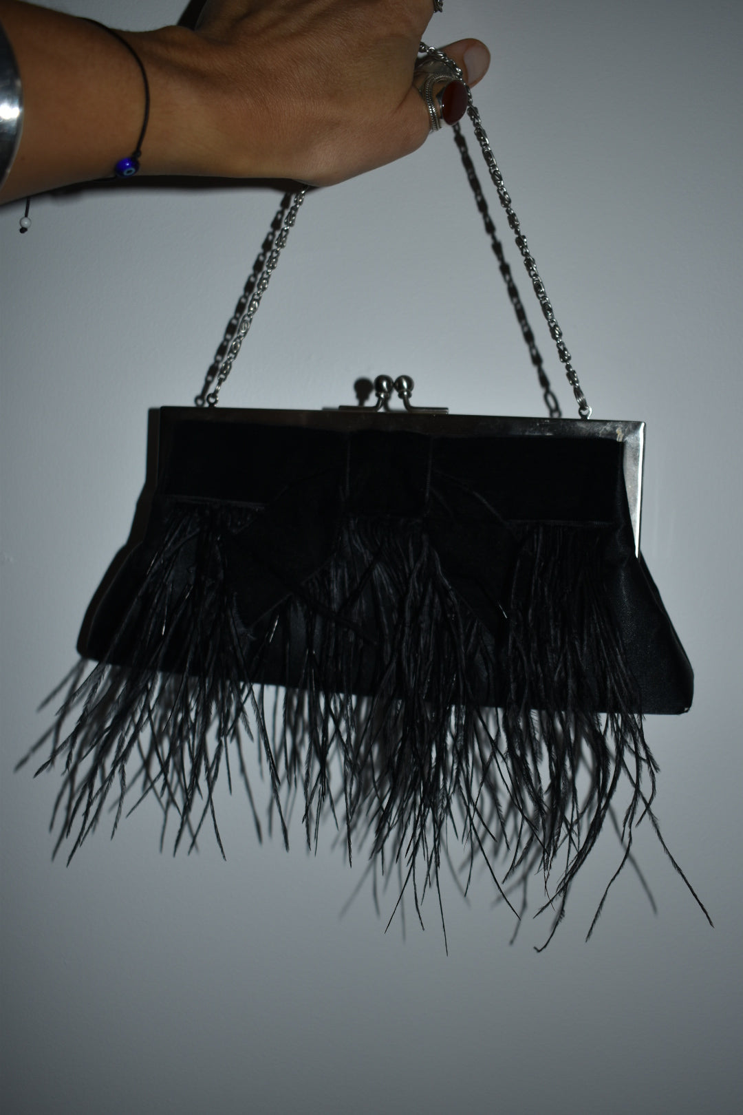 Vintage 2000s Black Velvet Bow Ostrich Feather Evening Bag