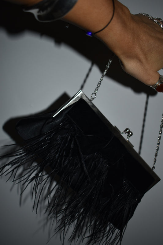 Vintage 2000s Black Velvet Bow Ostrich Feather Evening Bag