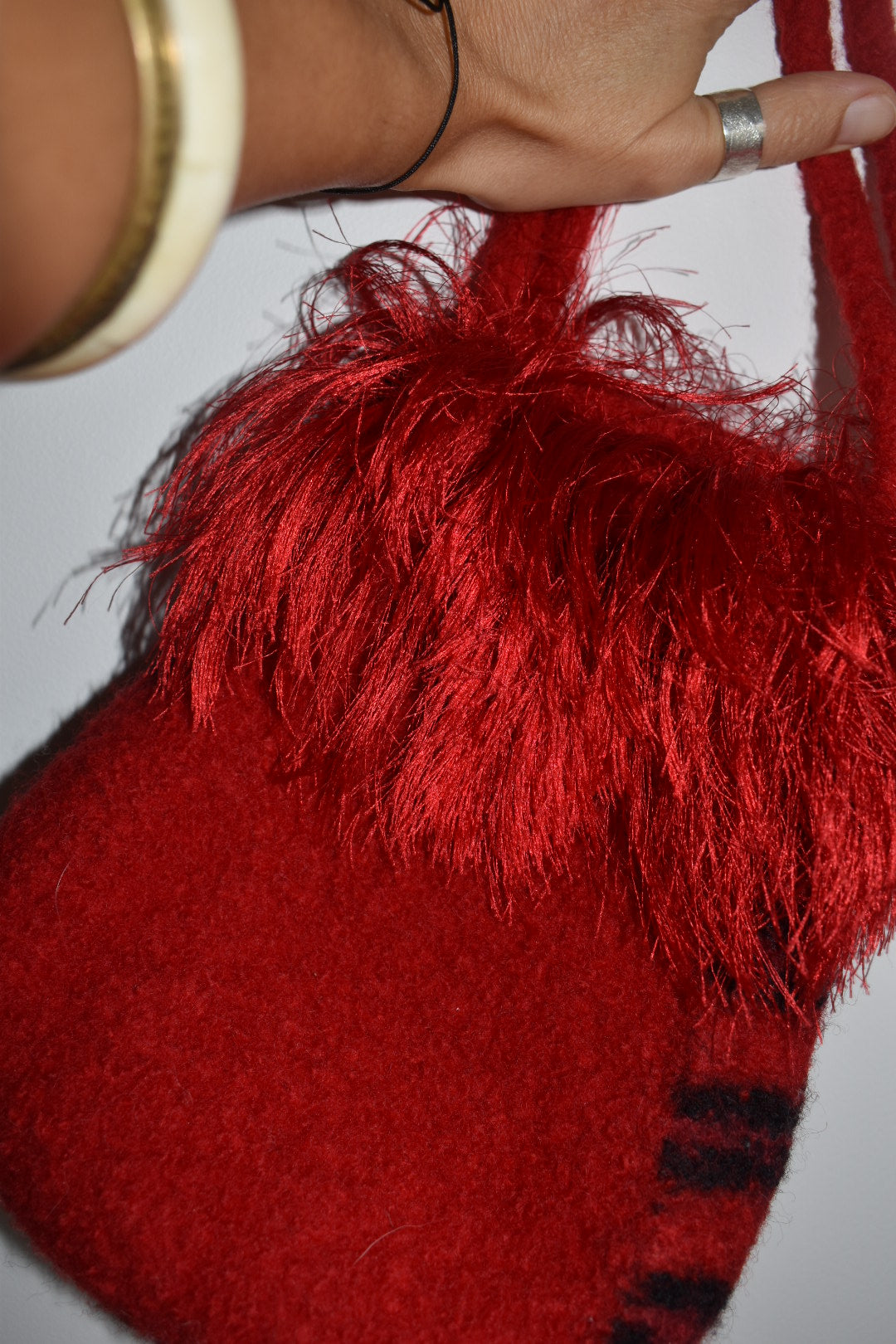 Vintage Y2K Red Felted Wool Fringe Bucket Bag