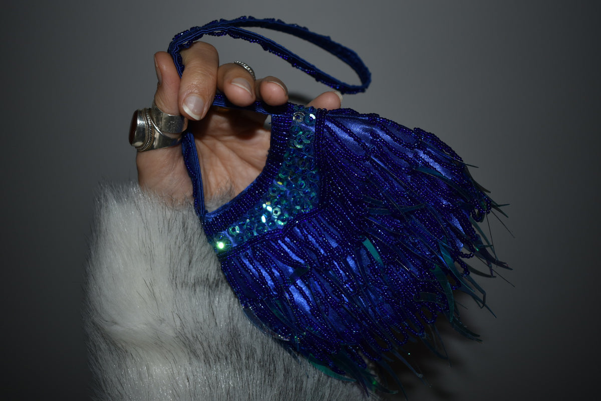 Vintage Y2K Electric Blue Beaded Fringe Mini Evening Bag