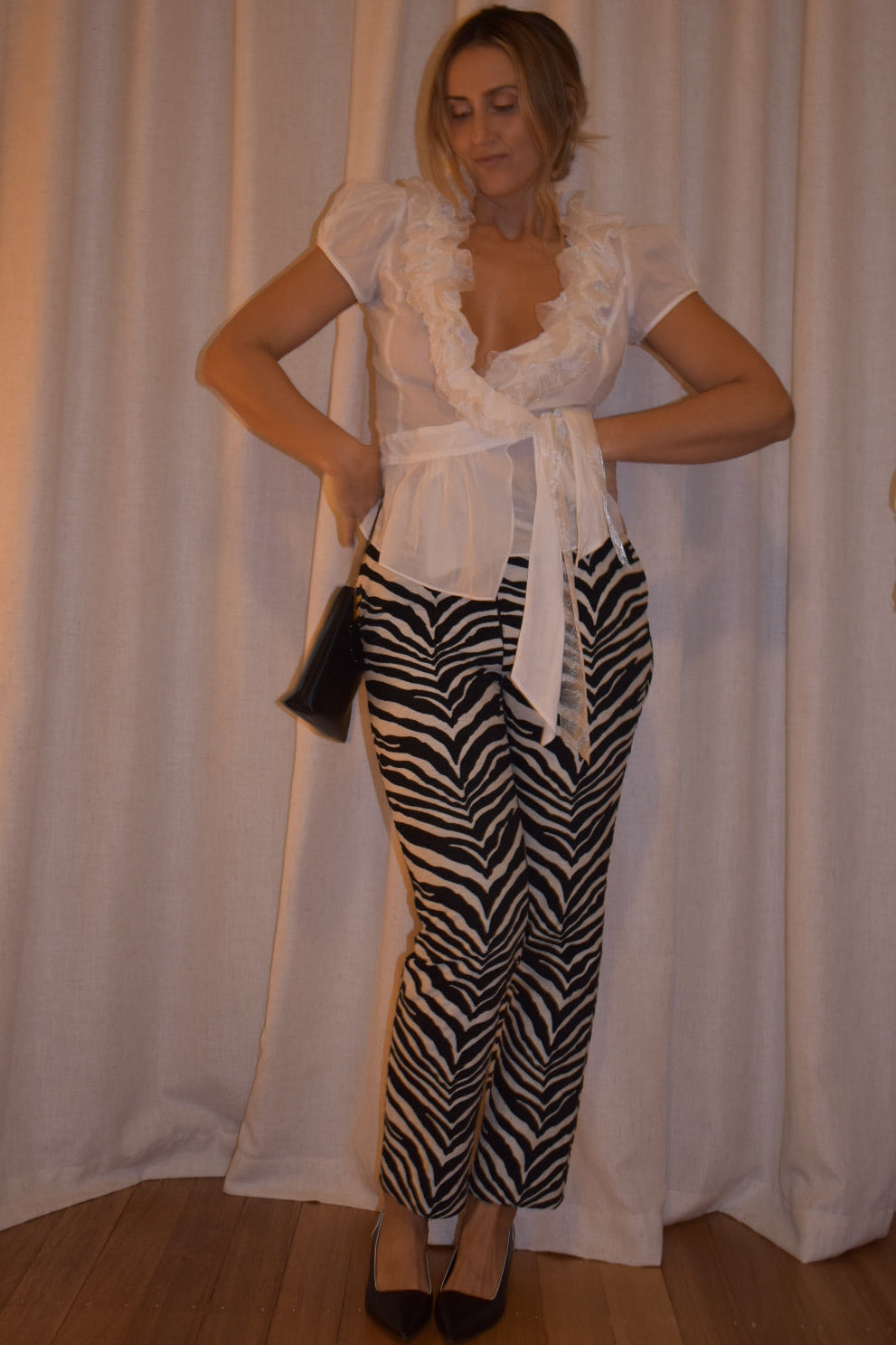 Vintage 2000s Carla Zampatti Zebra Print Structured Straight Leg Trousers