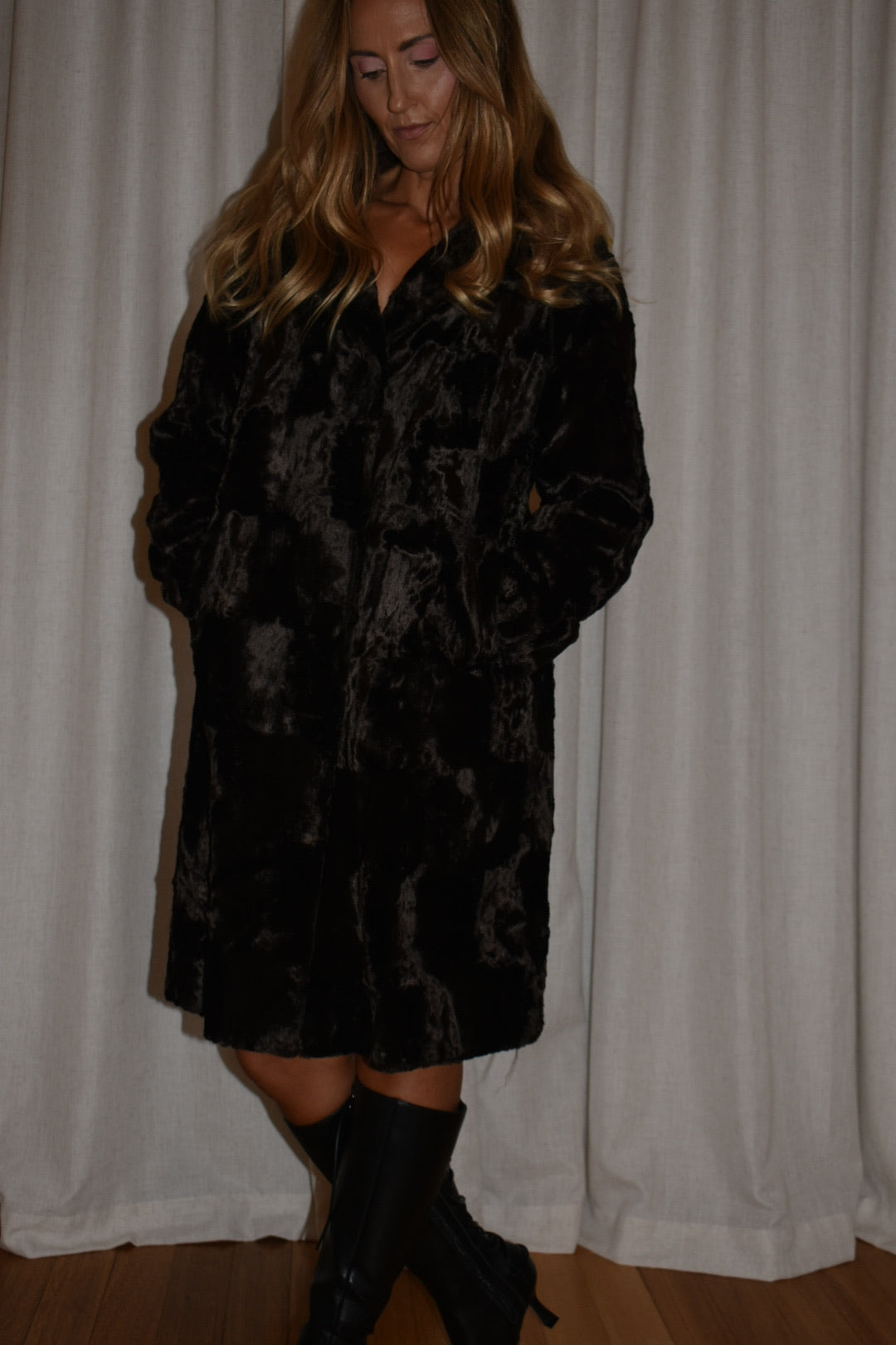 Vintage 1960s Chocolate Crushed Faux Fur Coat