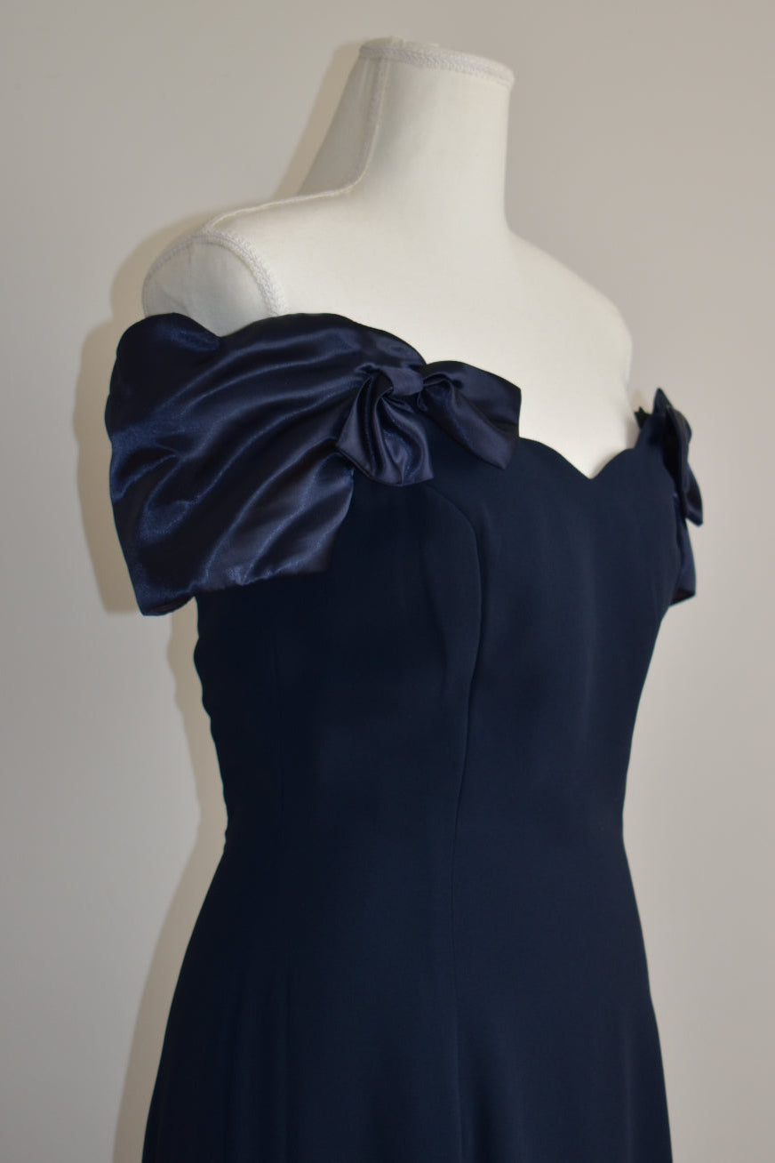 Vintage 1990s Navy Off-Shoulder Bow Gown