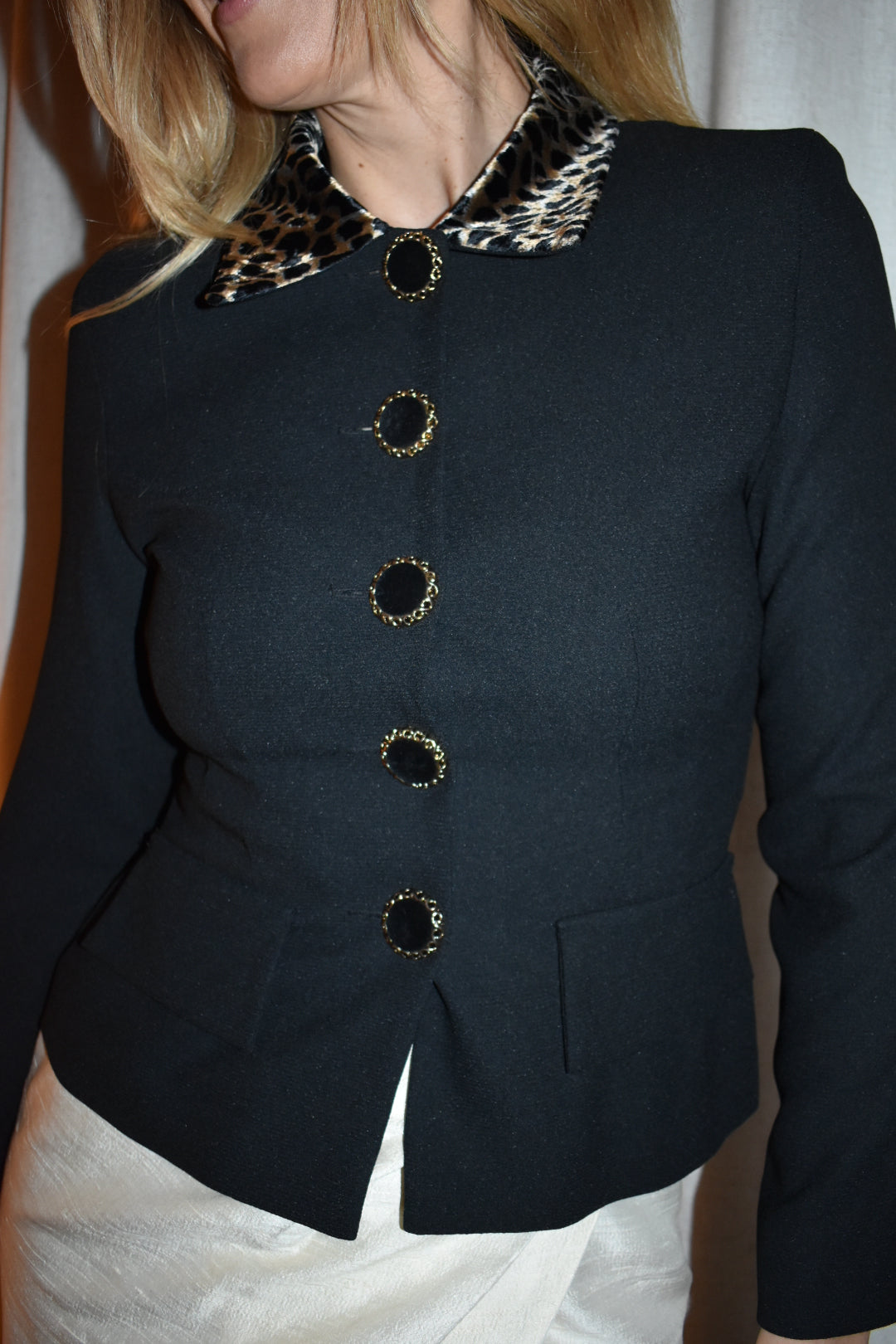 Vintage 1990s Black Tailored Jacket with Leopard Collar