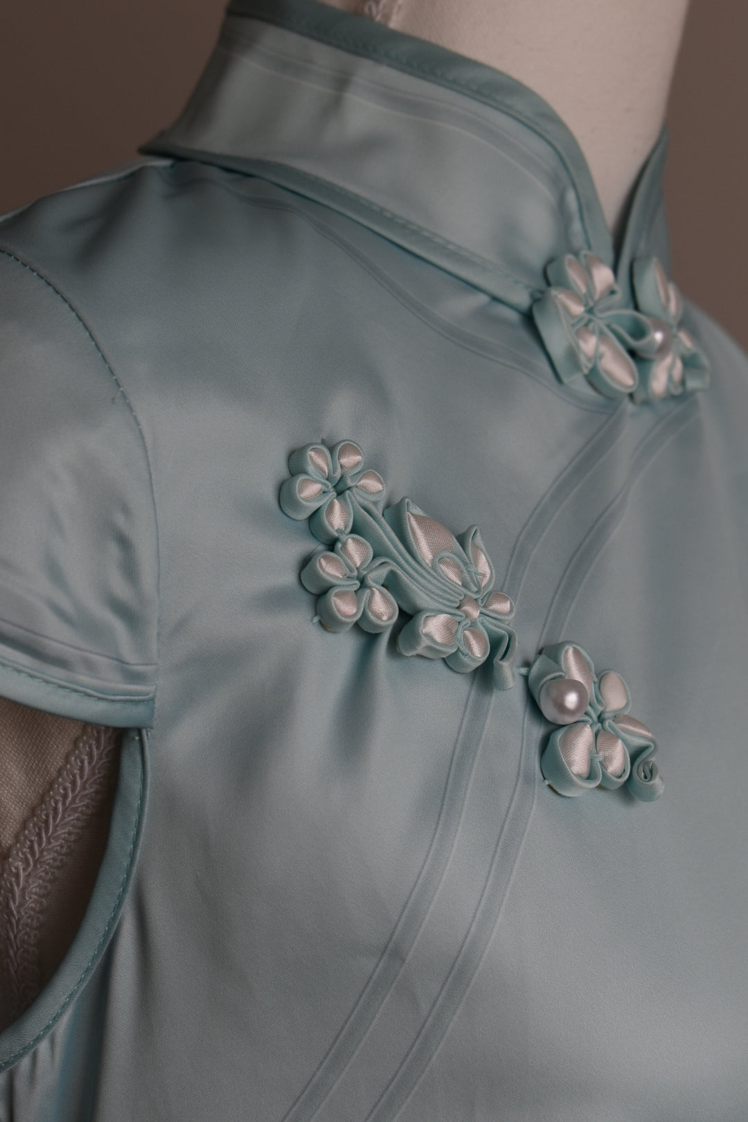 Vintage 2000s Ice Blue Satin Mandarin Collar Dress