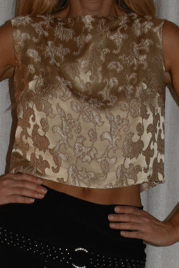 Vintage 1960s Champagne Silk Jacquard Sleeveless Top