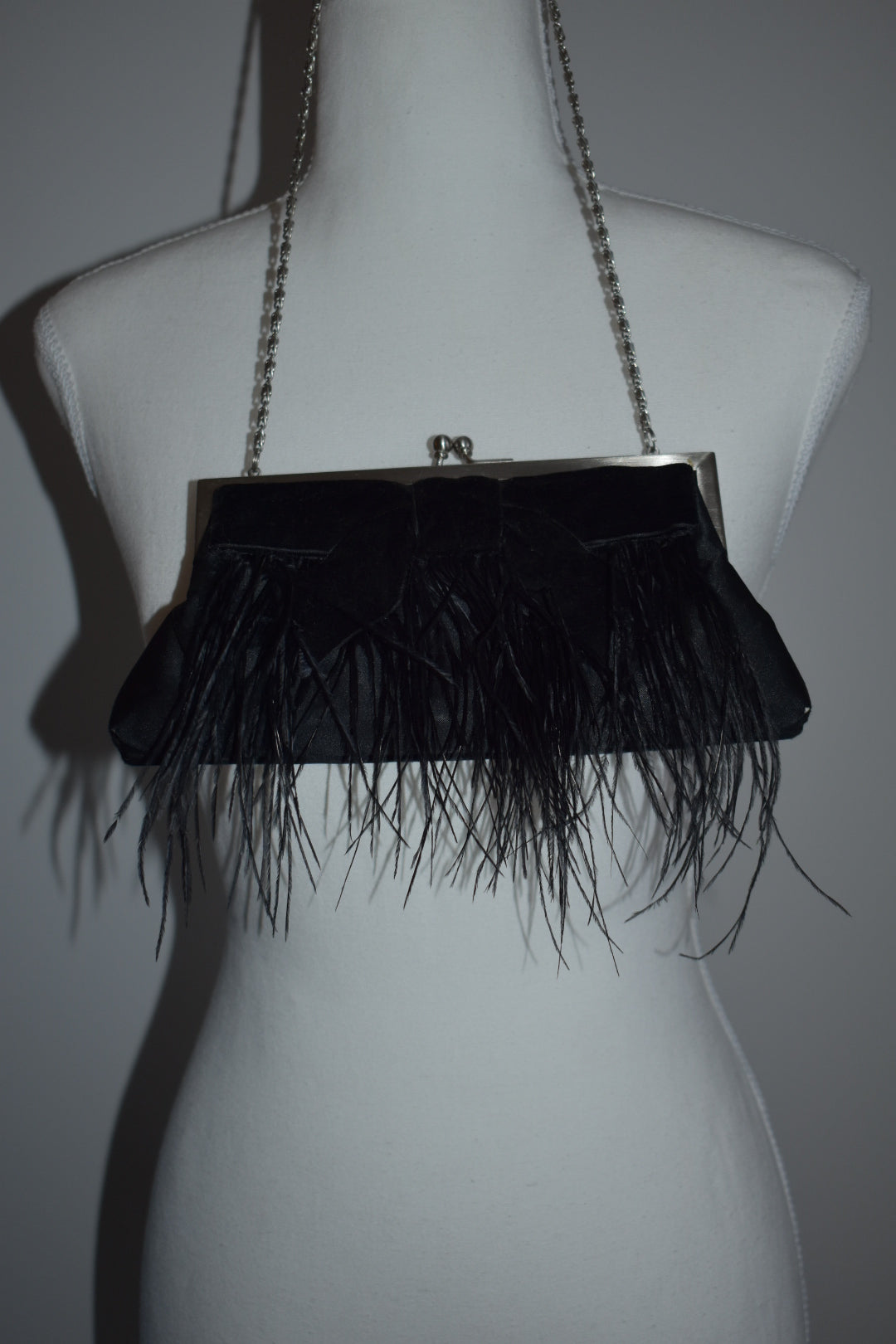 Vintage 2000s Black Velvet Bow Ostrich Feather Evening Bag