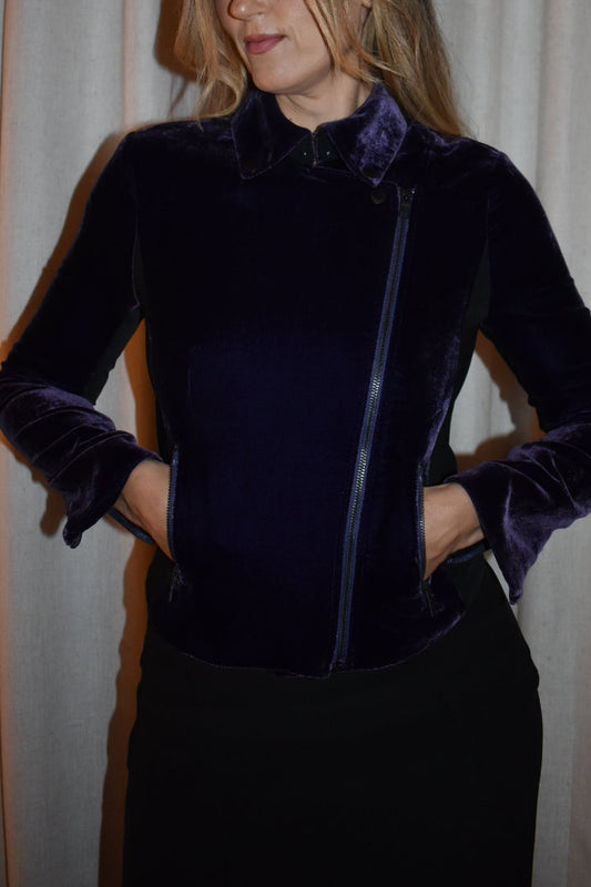 Vintage Armani Exchange Purple Silk Velvet Moto Jacket