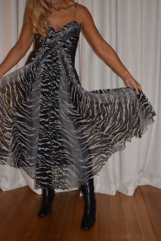 Vintage 2000s Beaded Zebra Silk Evening Dress
