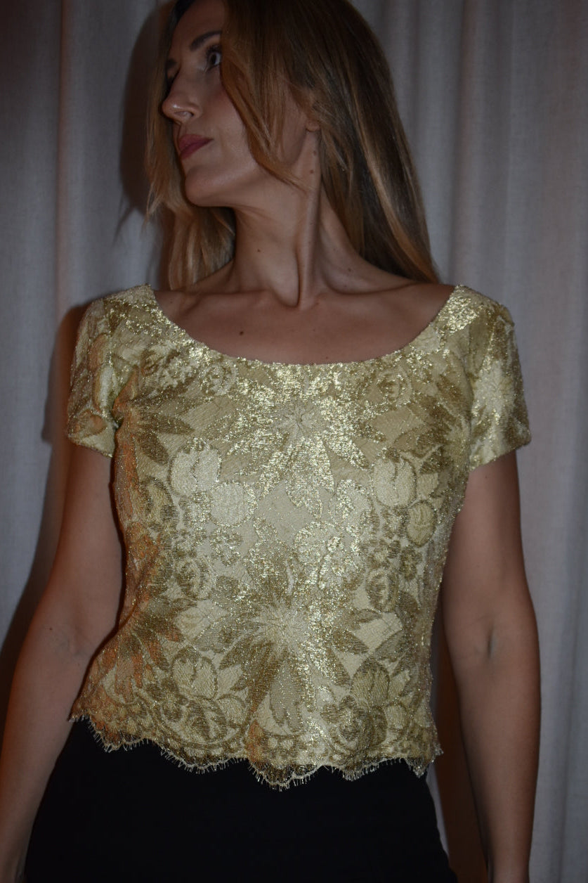 Vintage 1990s Gold Lace Button-Back Top