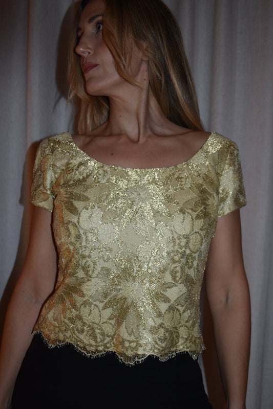 Vintage 1990s Gold Lace Button-Back Top