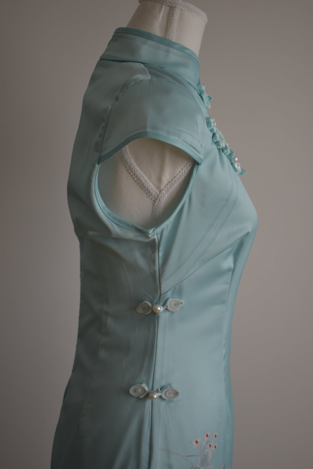 Vintage 2000s Ice Blue Satin Mandarin Collar Dress