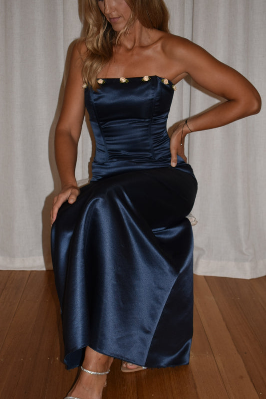 Vintage 1990s Midnight Blue Satin Ribbon Rose Bustier and Skirt Set